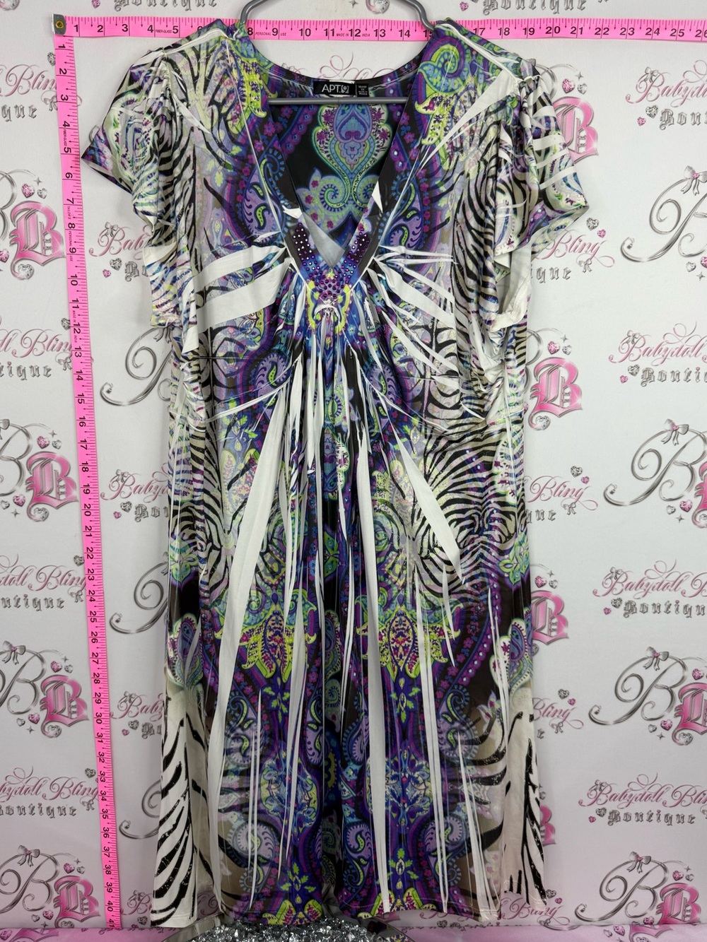 Apt. 9 dress rhinestone Purple Green Black Paisley & Zebra Print V-Neck Dress